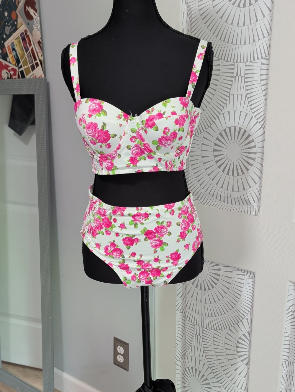 Betsey Johnson White Floral Bikini with Pink Roses